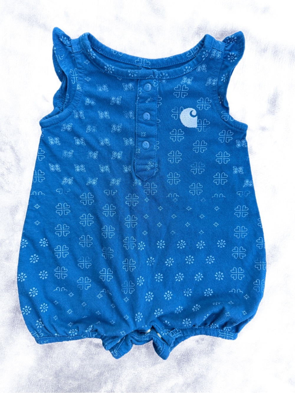 Carhartt Baby Blue Clover Medallion Ruffle Romper 3 Months Baby Girl Outfit EUC